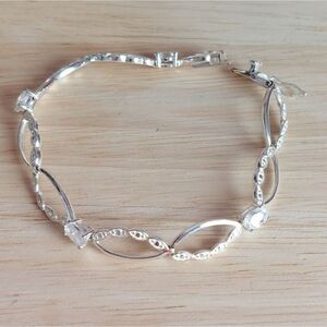 925 Sterling Silver Oval Links Cubic Zirconia Link Bracelet Tab Insert Clasp